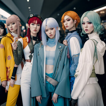 Generative ai asiatic cosplayers posing outdoors.