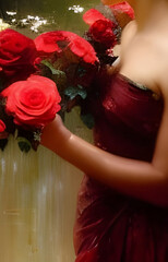 Bride in a red dress with a rose bouquet; vintage romance book cover inspo; AI generated