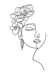 Female Face with Flowers. Modern Minimalist Simple Linear Style. Beauty Fashion Design