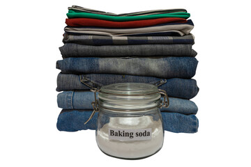 Baking soda and clothes on white background. The idea of cleaning clothes with baking soda. (PNG)