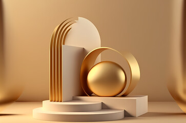 Stage podium scene for Award celebration or product presentation on gold background with lighting, generative ai.