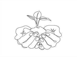 Single continuous line of hands holding tree leaf. Plant leaves grow planet Earth seedling eco natural concept design sketch drawing vector illustration art 