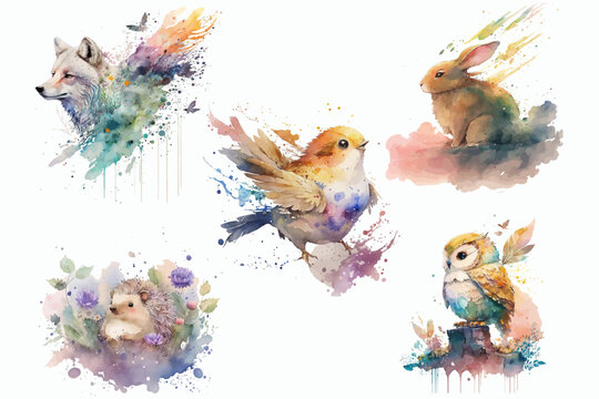 Wolf, hare, hedgehog, owl and bird in watercolor style. Isolated vector illustration