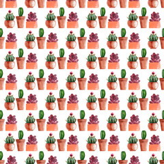 Watercolor seamless border with different types of cacti in multicolored pots