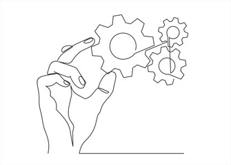 continuous one single line drawing of hand holding gears, tech development, engineering, technology
