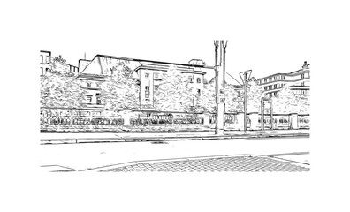 Obraz premium Building view with landmark of Plzen is a city in the Czech Republic. Hand drawn sketch illustration in vector.
