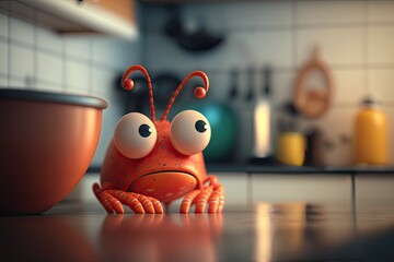 Cute Cartoon Lobster on a Kitchen Counter (Created with Generative AI)