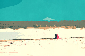Ilustracja grafika samotna kobieta siedząca na plaży telefon w dłoni. - obrazy, fototapety, plakaty