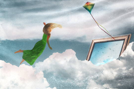 Fototapeta Ilustracja dziewczynka w zielonej sukience unosząca się nad chmurami latawiec i lustro w chmurach