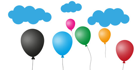 Bunch of balloons for birthdays and parties. Balloon flying on a rope. Blue, red and yellow balls isolated on white background and blue clouds. Flat icon for celebration and carnival. Vector.