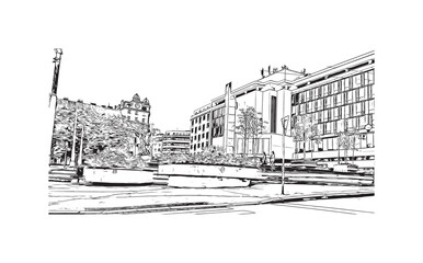 Building view with landmark of Plzen is a city in the Czech Republic. Hand drawn sketch illustration in vector.