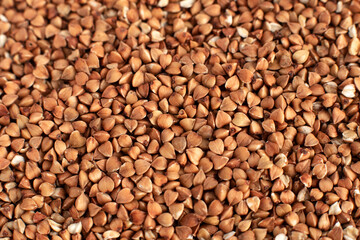 Buckwheat groats top view, a bunch of useful cereals