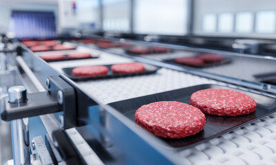 Conveyor in a factory of ready-made beef hamburger patties - a modern ecological bio-print meat...
