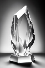 Realistic 3D blank shiny glass trophy award on light background. Mockup, empty acrylic award design mock up, transparent crystal prize plate template. AI generated image