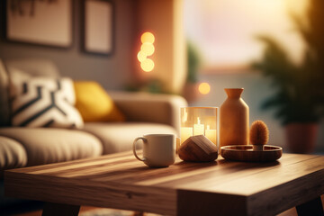Empty wooden tabletop with blurred living room background. Wood table with blurred modern apartment interior background. AI generated image