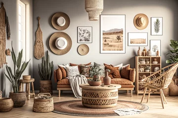 Papier Peint photo Style bohème Stylish and modern boho inspired living room with carpet, rattan furniture, pillows, plants, photo wall decoration and personal accessories. Natural home decor, boho room interior, AI generated image