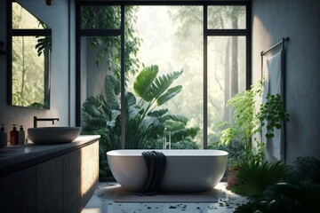 Modern bathroom with bathtub and big windows overlooking the beautiful nature. Contemporary bathroom interior with tropical style garden, AI generated image