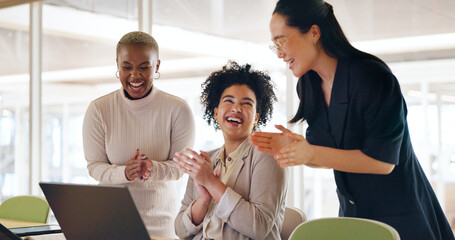 Corporate, women and applause with laptop, achievement and teamwork for project success, business...