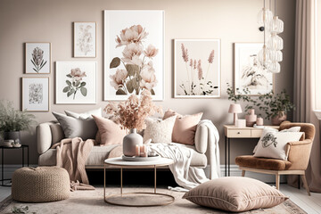 Stylish and modern boho inspired living room with carpet, furniture, pillows, flower bouquets, photo wall decoration and accessories. Natural home decor, boho room interior, AI generated image.
