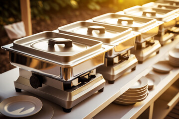 Buffet heated trays in line. Catering banquet in hotel. Breakfast and lunch buffet food. AI generated image.