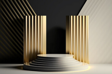 Obraz premium Stage podium scene for Award celebration or product presentation on black and gold background with lighting, generative ai.