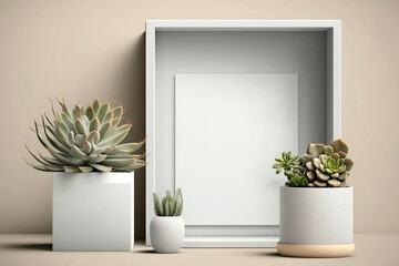 Wooden vertical frame with white blank card and green plants in pots on the table on grey wall background, minimal loft mockup for your design, free space for text. AI generated image.