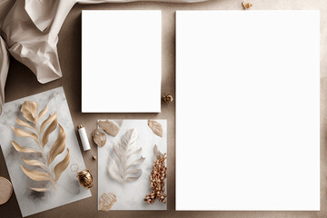 Empty template in boho style greeting cards, greeting or wedding card mockup with dried flowers. AI generated image