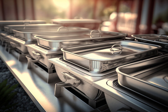 Buffet heated trays in line. Catering banquet in hotel. Breakfast and lunch buffet food. AI generated image.