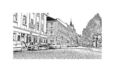 Building view with landmark of Plzen is a city in the Czech Republic. Hand drawn sketch illustration in vector.