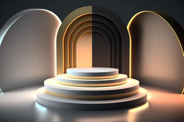 Fototapeta premium Stage podium scene for Award celebration or product presentation on abstract background with lighting, generative ai.