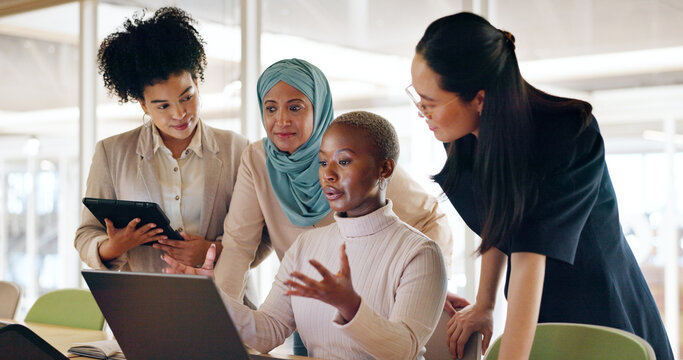 Diversity, corporate and women with laptop, talking and planning budget, fintech and system update in modern office. Team, leader and group online reading, finance and.accounting process on computer