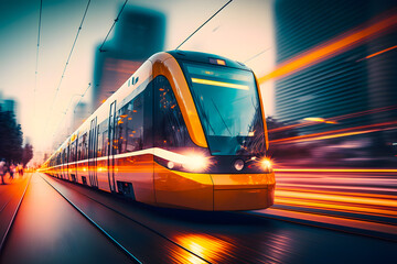 Orange tram rides motion blur effect through the city streets. Generative AI