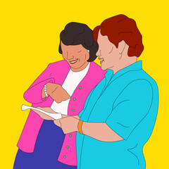 Two elderly people/ lolas talking and holding a piece of paper
