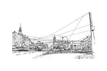 Building view with landmark of Plzen is a city in the Czech Republic. Hand drawn sketch illustration in vector.