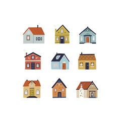Fototapeta premium Colorful clipart set, hand-drawn buildings in a trendy style with cute details.