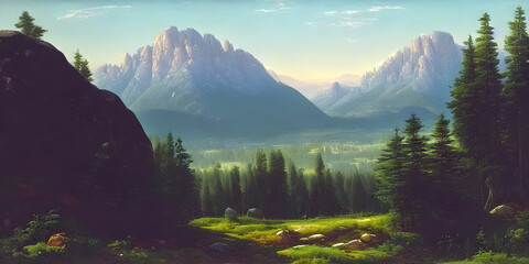 Panoramic view on a valley and forest in front of mountain range. Generative AI