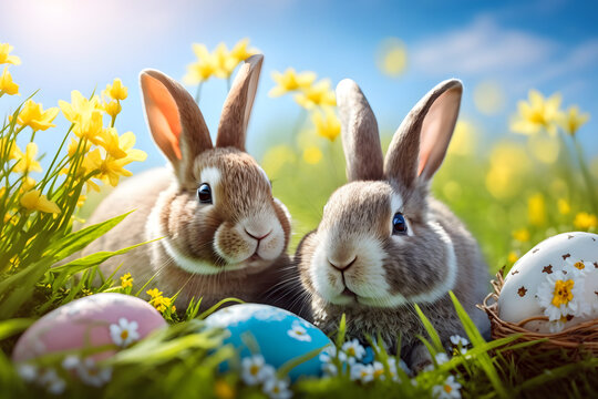 Bunnies and painted easter eggs in fresh green grass, generative, ai