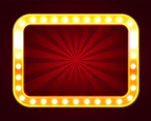 Background for the casino. Red blank background in a golden frame with yellow light bulbs. Vector illustration.