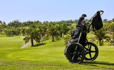 Fototapeta na wymiar Golf cart with bag and golf clubs in the fairway of a golf course, parked at the edge of the green.