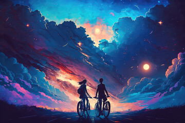 illustration painting of love riding on bicycle against night sky with colorful clouds, digital art style. (ai generated) - obrazy, fototapety, plakaty