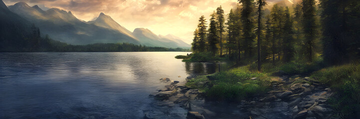 Panoramic view on a forest and mountain lake in front of mountain range. Generative AI