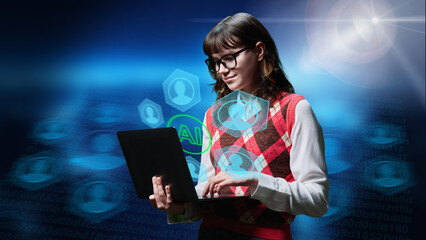Young female with laptop using ai for study leisure