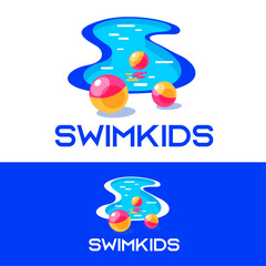 Swim Kids icon. Blue pool and color beach balls. Water play emblem.