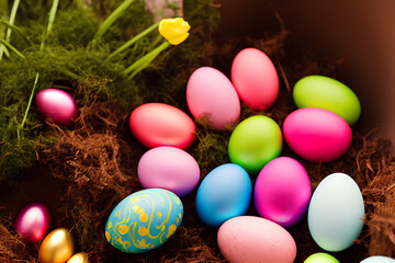 Fototapeta na wymiar group of colored easter eggs in a nest