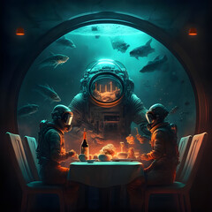 Astronaut underwater surrounded by fish - Generative AI illustrations