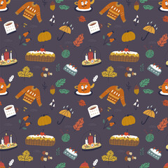 Cute and cozy autumn seamless pattern with golden leaves and symbols of season.