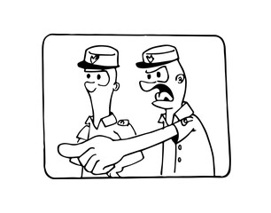 Two policemen characters shouting angry accusing someone with pointing finger. Black lines sketch cartoon style vector illustration.