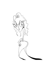 Back view of a woman character with big eyes and hands on hips. Line art black inked lines black and white cartoon style vector illustration.