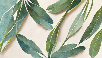 Obraz premium Eucalyptus leaves border, Watercolor illustration isolated on white, Greenery clipart for wedding. Generative Ai