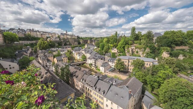 Grand Duchy of Luxembourg time lapse 4K, city skyline timelapse at Grund along Alzette river in the historical old town of Luxembourg